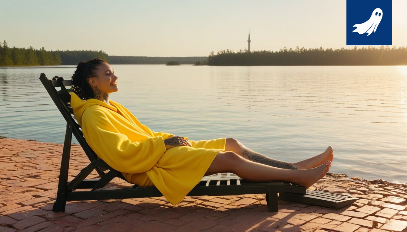 Iloinen ihminen nauttii auringosta Pyynikin rannalla, satiirinen uutinen 15 asteen lämpötilasta.
