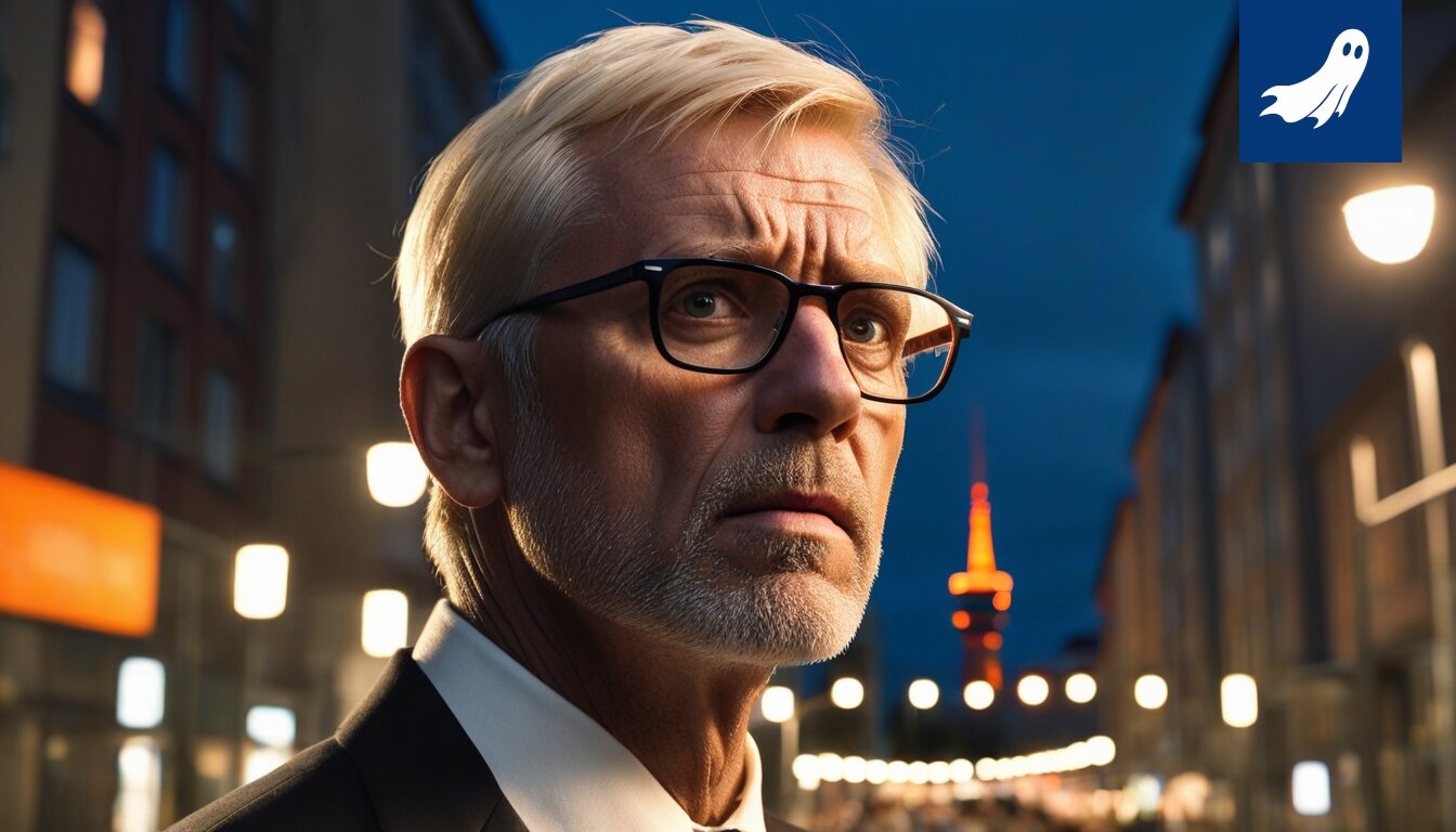 Jukka Jalonen istuu Euroopan tv-studiossa, taustalla näkyy kaaoksen symbolina kaivanto.