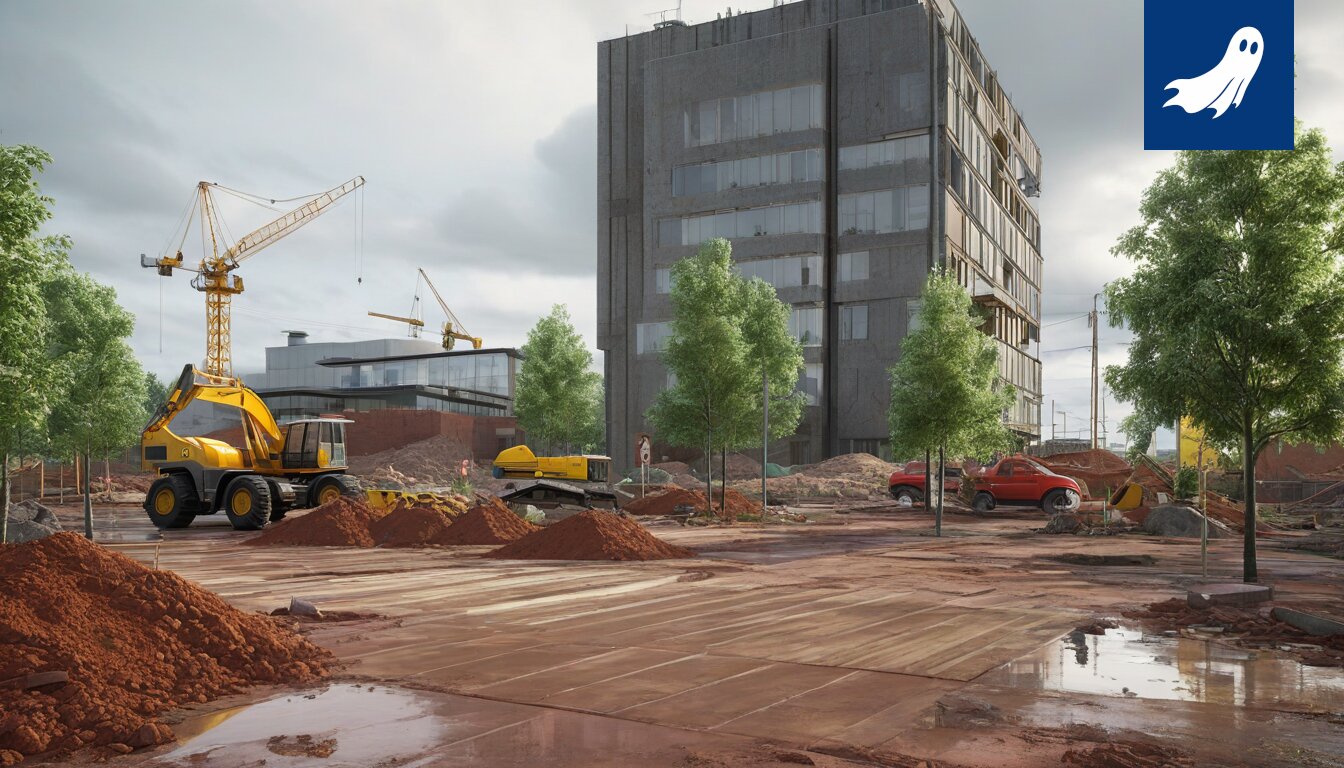 Peltolammin Lakalaivan tuhoamisen ja uuden palvelukeskuksen rakentamisen kuva, joka symboloi kaupungin kehityksen vaikutuksia paikalliseen ympäristöön ja asukkaiden elämäntapaan.