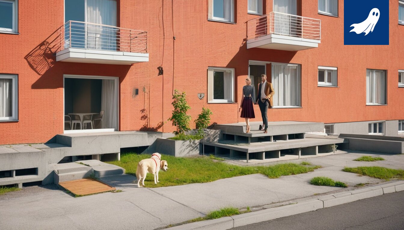 Kuva Länsi-Tampereen pienkerrostalosta, joka on muunnettu yksittäiseksi omakotitaloksi, korostaen kiinteistörestruktuurin ja tehokkaan rahankäytön periaatteita.