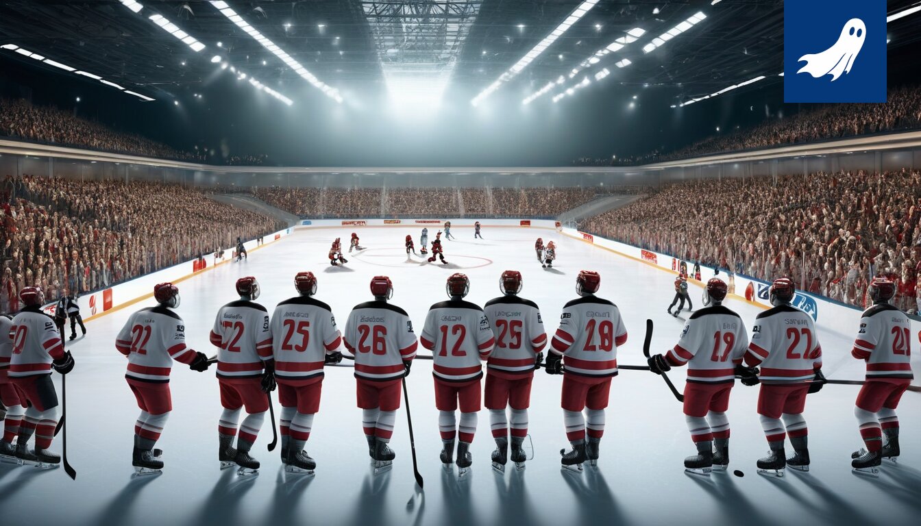 Leijonien jääkiekko-ottelun kuva Zürichin jäällä, joukkueen jäsenten keskellä.