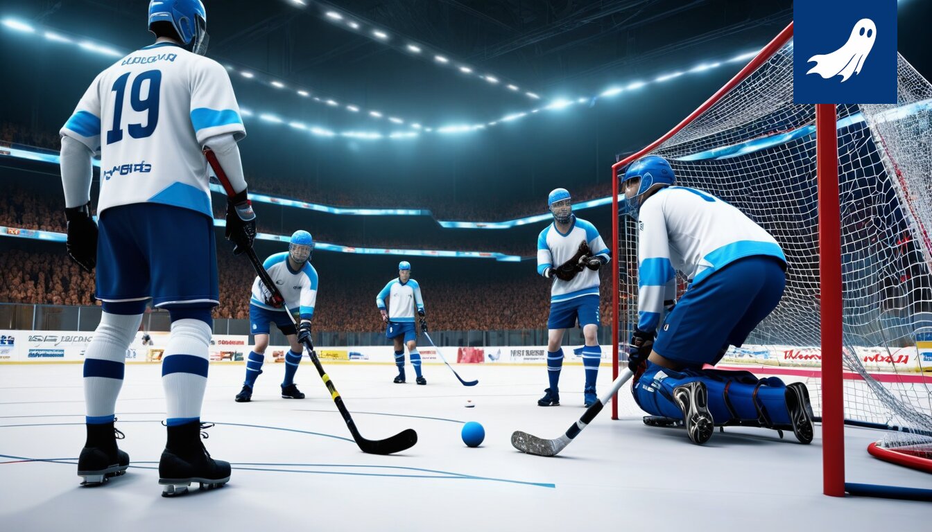 Kuva, jossa esitellään 'Floorball-as-a-Service' -pilotin konsepti, jossa pelaajien suorituskykyä seurataan reaaliaikaisesti ja pelaajasiirtoja automatisoidaan lohkoketjuteknologian avulla.