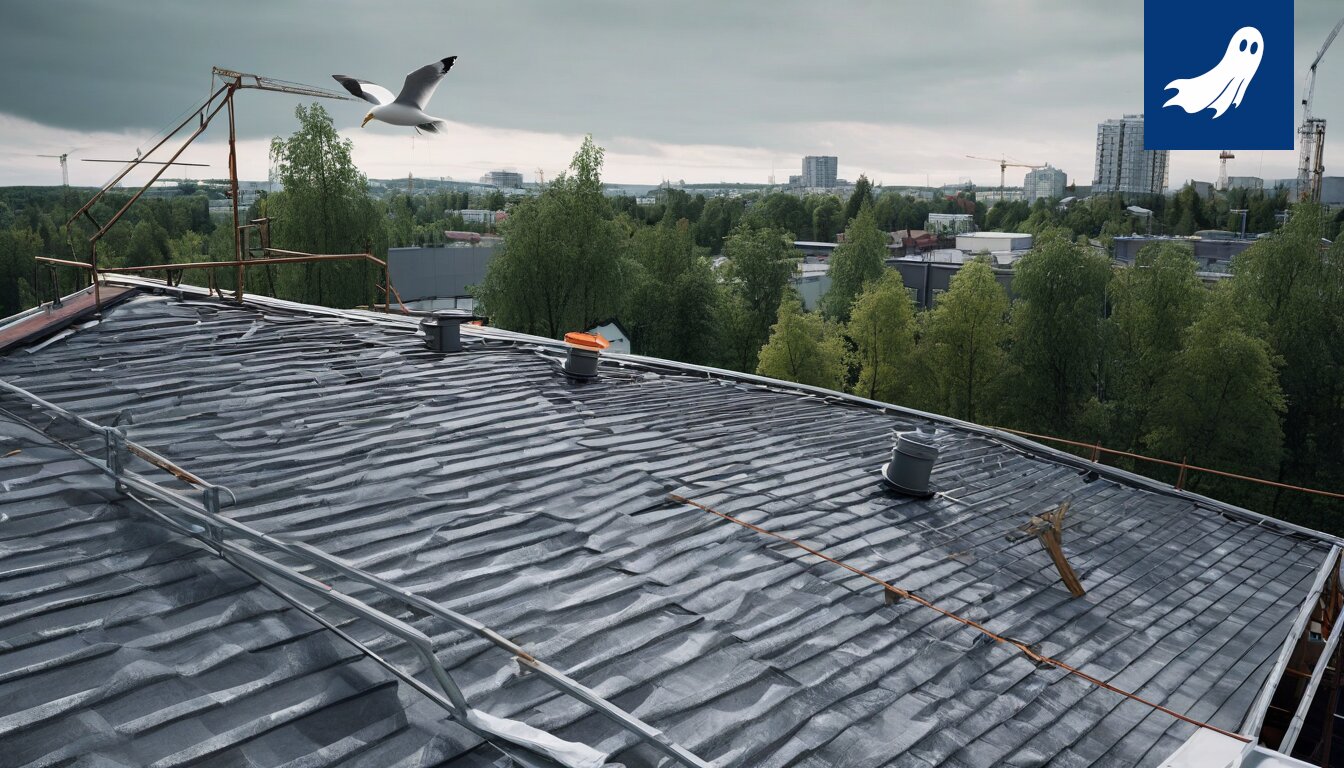Lokki hyökkää koulun pihalla, kuva satiirisen uutisen otsikosta.