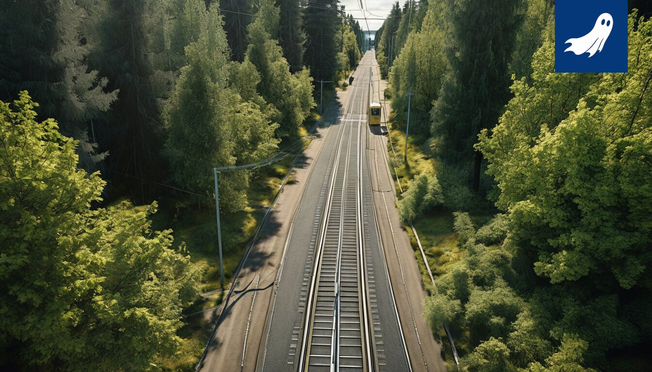 Tampereen ratikka, metallinen ja dystooppinen, kulkee kaupungin halki, kuva on osa satiirista uutisartikkelia.