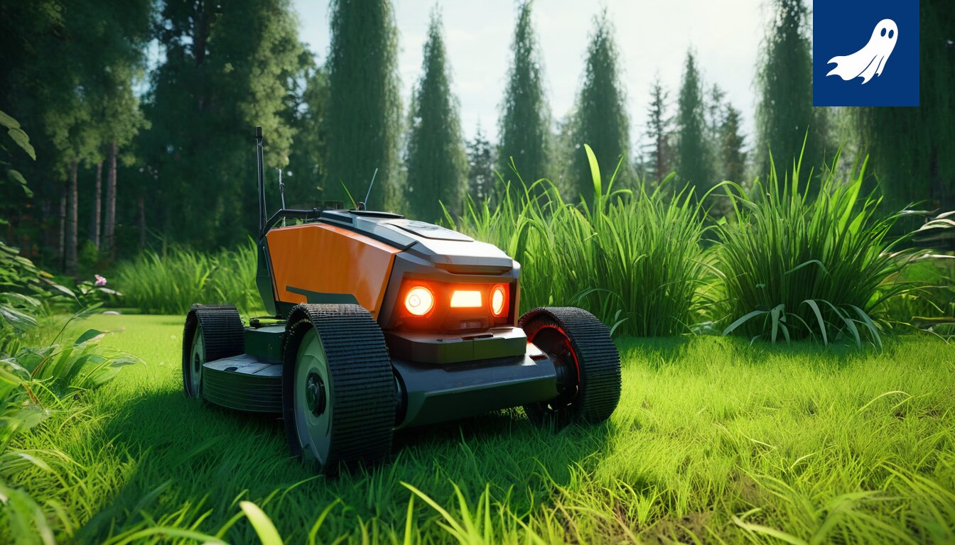 Satirinen uutislähteen kuva, jossa esitellään robottiruohonleikkuri ja kommentti hallituksen politiikasta.