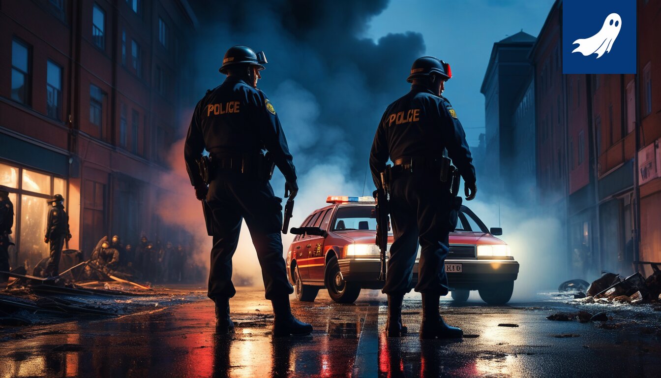 Pariisin kaduilla kaaoksen keskellä, ihmisjoukkoja ja pidätyksiin joutuvia poliiseja, satiirinen uutiskuva.