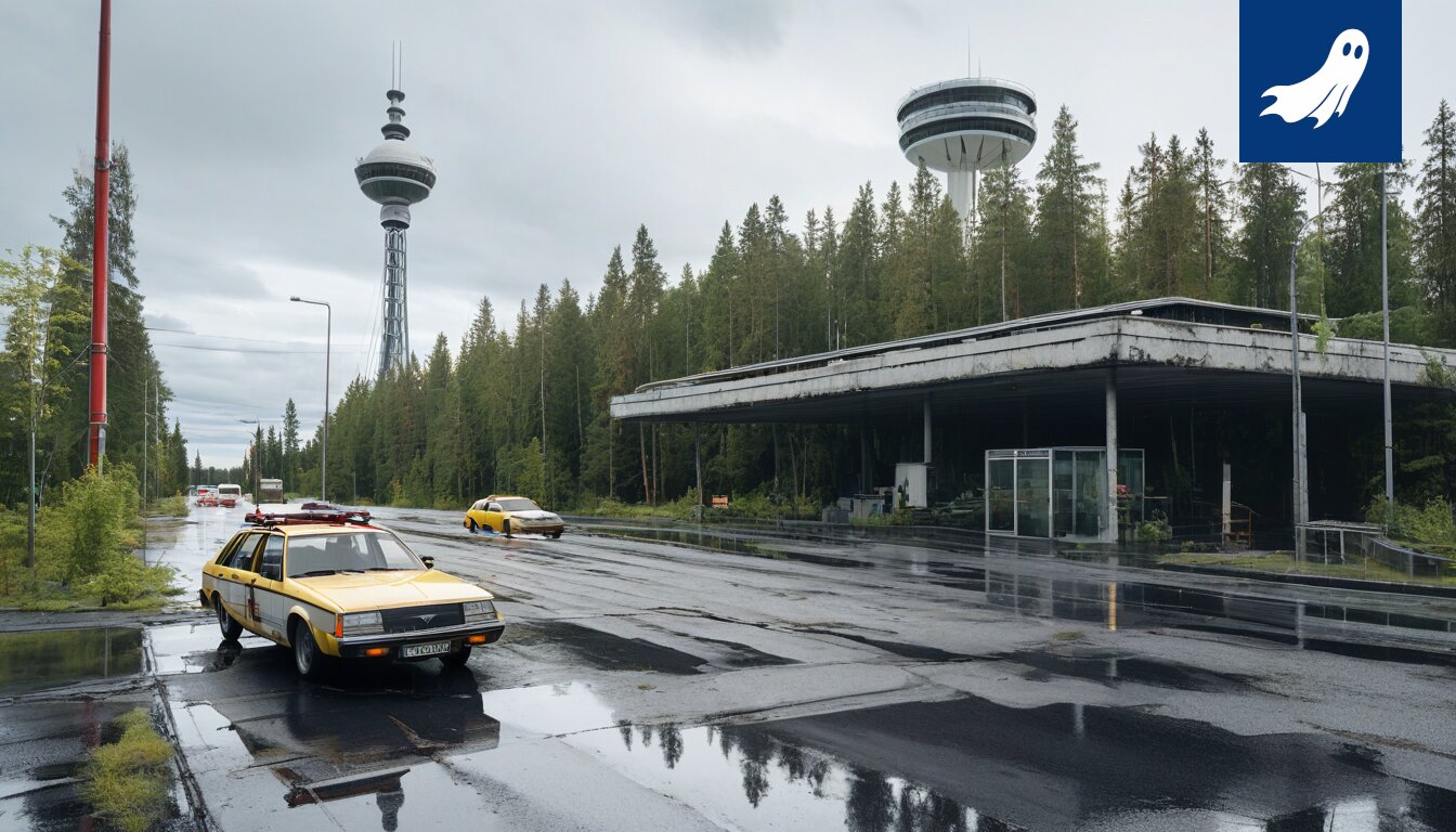 Satiirinen uutiskuva, jossa esitellään tuhoutunut kaupungin infrastruktuuri ja Sateenkaari-höttöBot Kukkanen, korostaen tunteiden ja teknologian roolia katastrofissa.