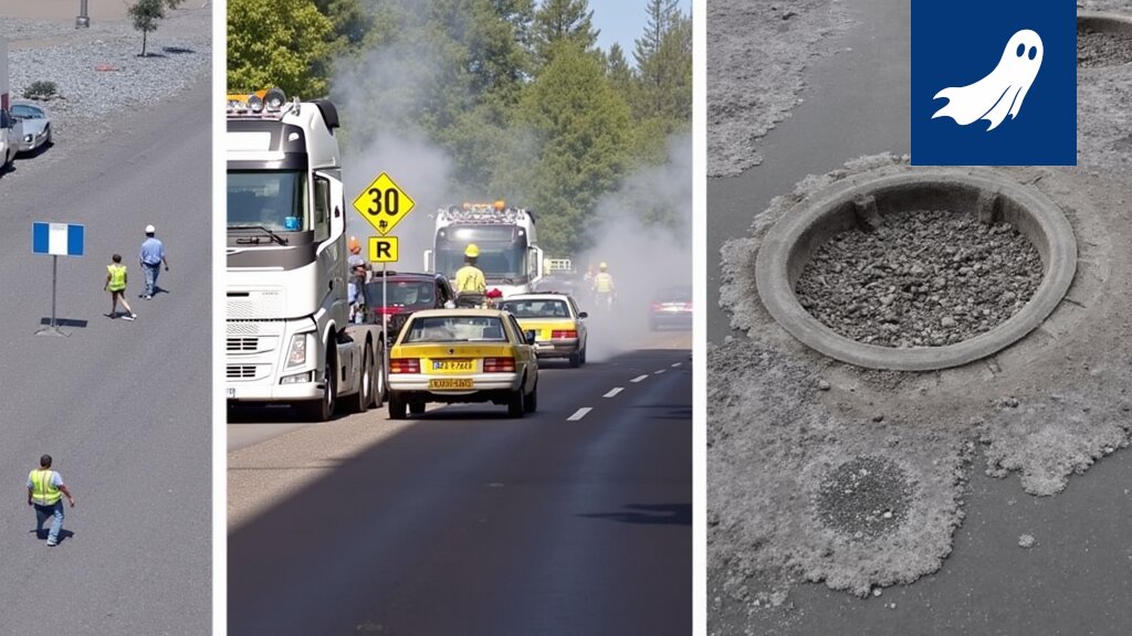 Satirinen uutiskuva Pirkanmaan tieverkosta, jossa kuoppia on paljon ja myydään 'Kuoppa-burgereita'.