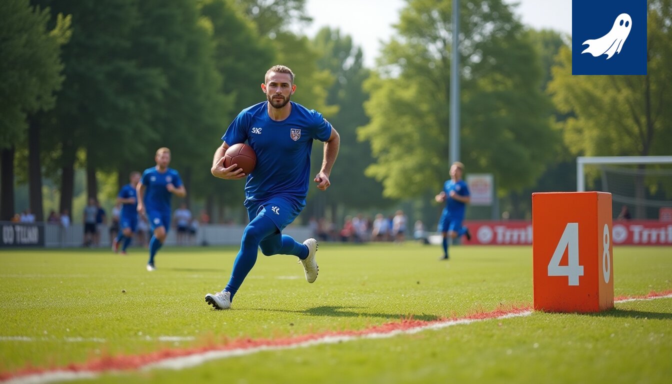 Austin Euler, 191 cm ja 129 kg painava pelaaja, seisoo Tampere Saintsin pelikentällä, edustaen panimon uutta markkinointistrategiaa.