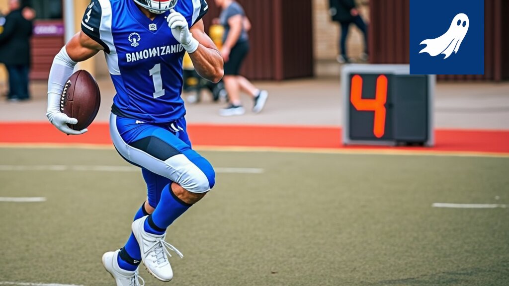 Austin Euler, 191 cm ja 129 kg painava pelaaja, seisoo Tampere Saintsin pelikentällä, edustaen panimon uutta markkinointistrategiaa.
