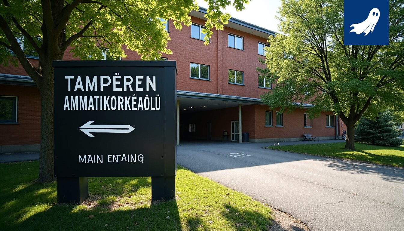 Tampereen ammattikorkeakoulun ja yliopiston yhteistyön logo ja tekoäly-aiheinen kuva, jotka symboloivat ammattikasvatuksen automatisointia.