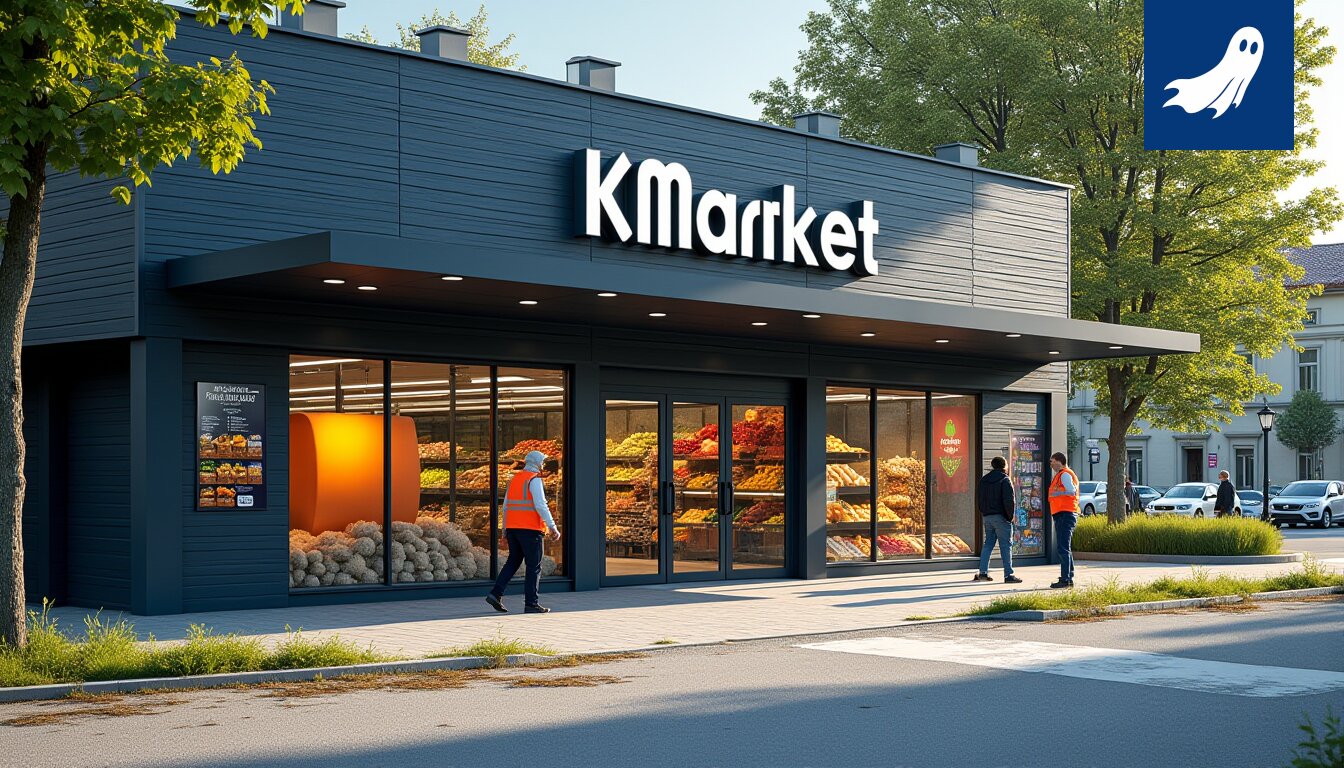 K-Market Haukiluoman kaupan ulkopuolelta kuvattu yöllinen aukiolo, jossa näkyy valaistut hyllyt ja asiakasmäärän kasvu.