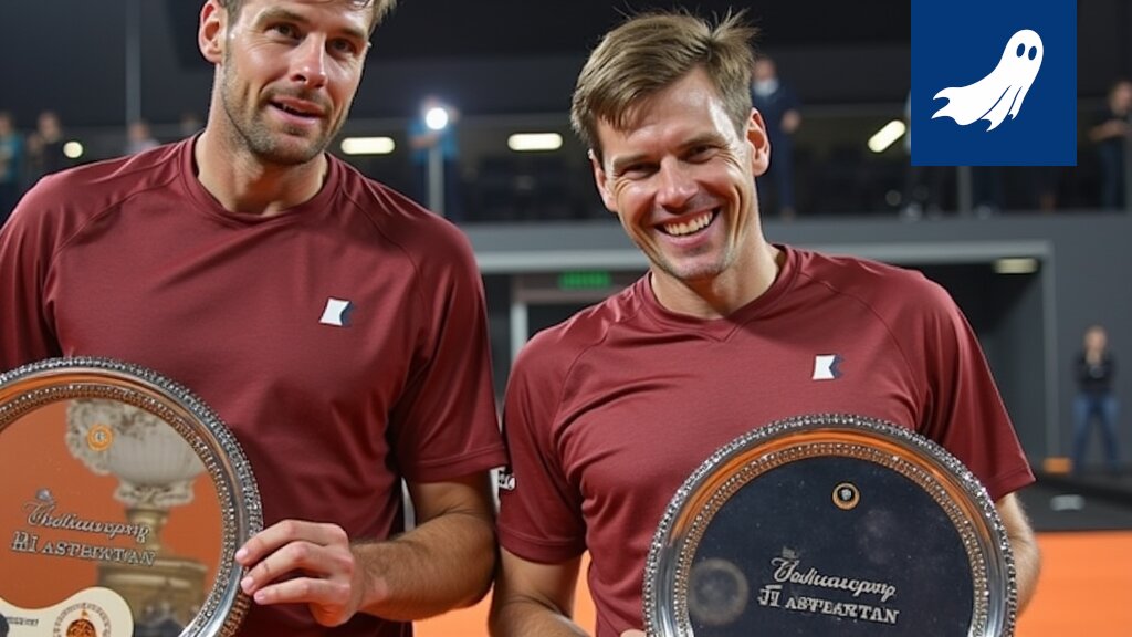 Tennispelaajat Heliövaara ja Patten juhlivat voittoa, kuvaus on osa satiirista uutisartikkelia, joka käsittelee tennisin ja talouden välistä suhdetta.