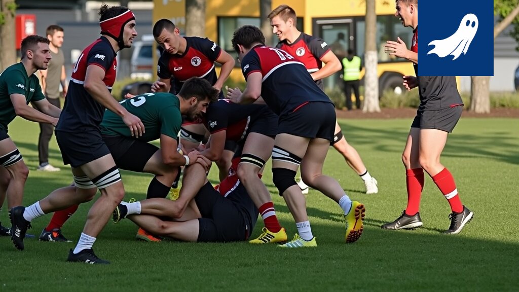 Tekoälypelaajat pelaamassa rugbyä Raholan kentällä, symboloiden urheilun ja teknologian yhdistymistä.