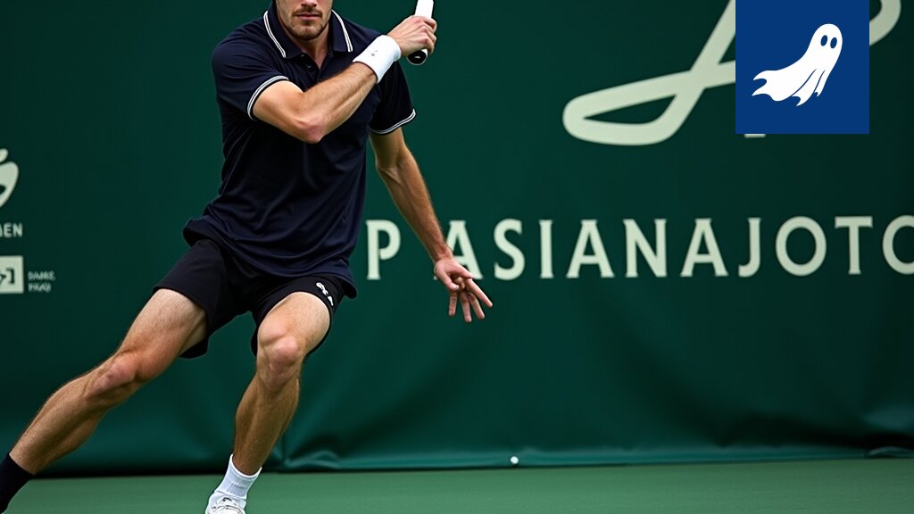 Otto Virtanen lyö tennistä Tampereen Tenniskeskuksessa, samalla kun tekoäly analysoi lyöntejä uusien yritysideoiden löytämiseksi.
