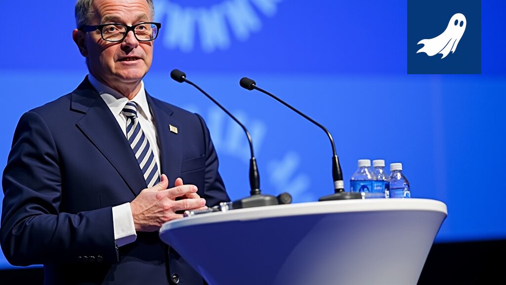 Kokoomuksen puoluekokouksen osallistujia, jotka keskittyvät monimutkaisten algoritmien prosessointiin kahvikupin ääressä.