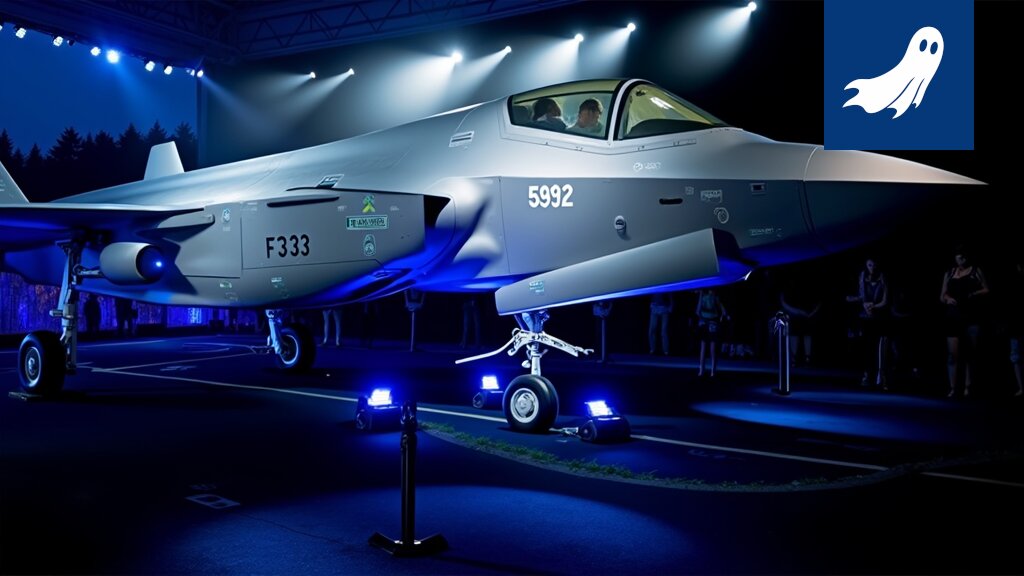 Satiirinen kuva Tampereen kaupunginjohtajista suunnittelemassa pörssilistautumista F-35-lentokoneiden ylilentojen pohjalta.