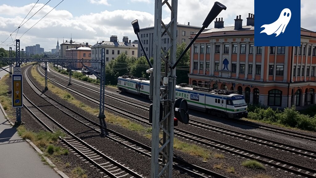 Sarjakuvamainen kuva Tampereen ratikasta ja kaaoksesta, symboloiden ihmismielen sisäistä 'liikennettä'.