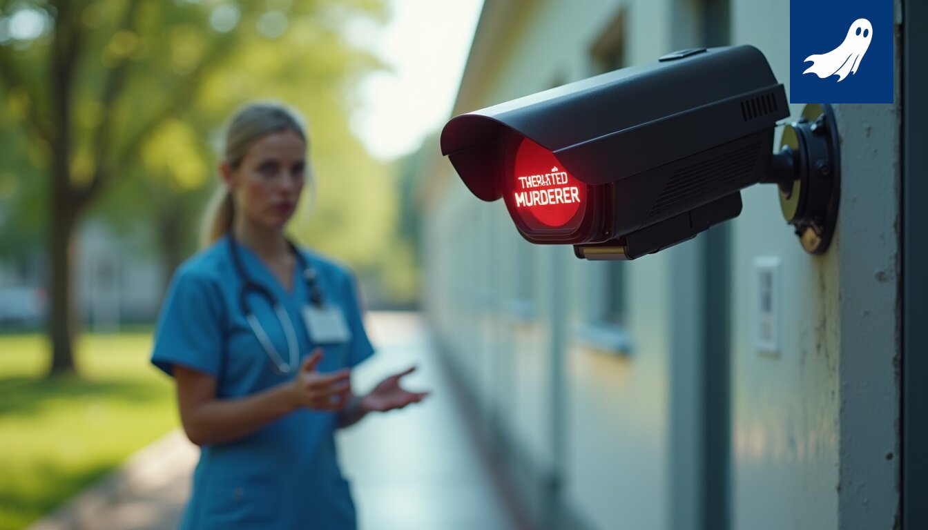 Sarjakuvamainen kuva valvontakamerasta, joka osoittaa sormella vanhustenhoitajaa, viitaten virheellisiin hälytyksiin.