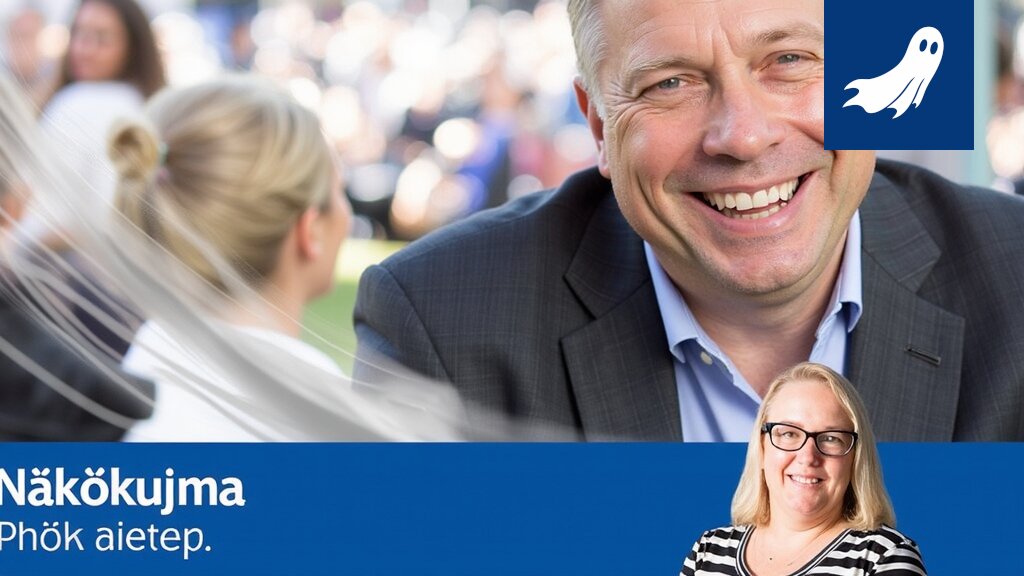 Antti Kaikkonen puhuu puoluekokouksessa Pirkkahallin osakeannista, satiirinen kuva.