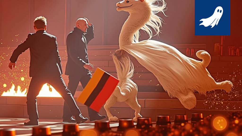 Sarjakuvamainen kuva Euroviisuista, jossa algoritmi ennustaa tuloksen ja katsojat seuraavat ennustetta musiikin sijaan.