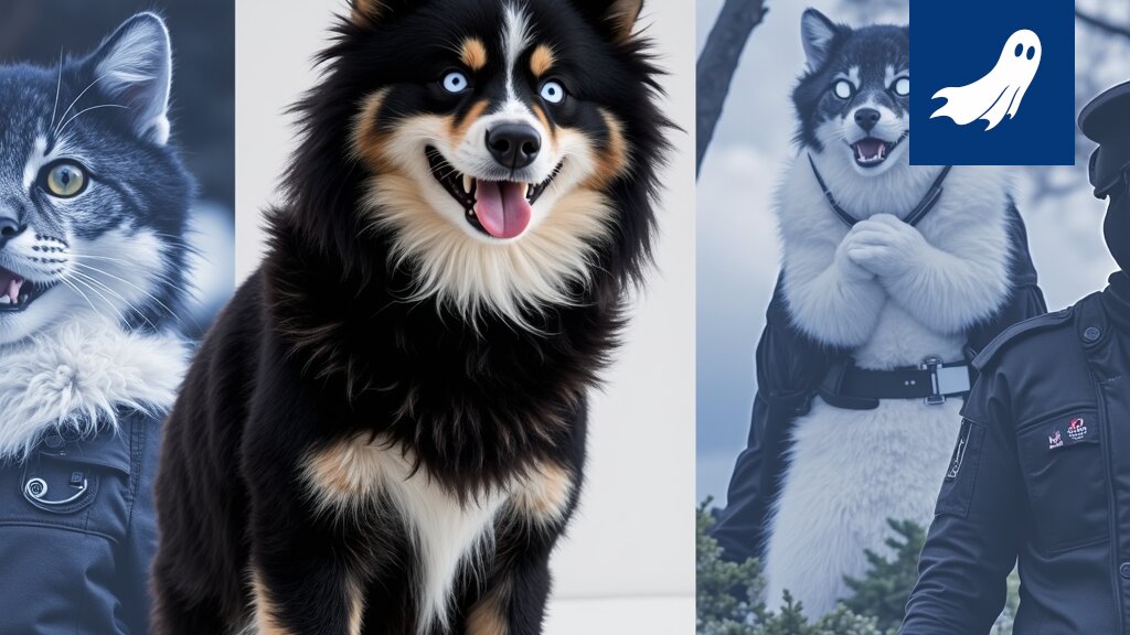 Pörröinen pomsky koirapuistossa, ilmeisesti vaatimassa herkkuja videokuvauksista.