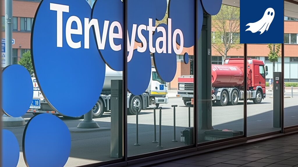 Sarjakuvamainen kuva Terveystalon ja Silmäaseman logoista, joita yhdistää vuokranauha, symboloiden asiantuntijoiden vuokrauspalvelua.