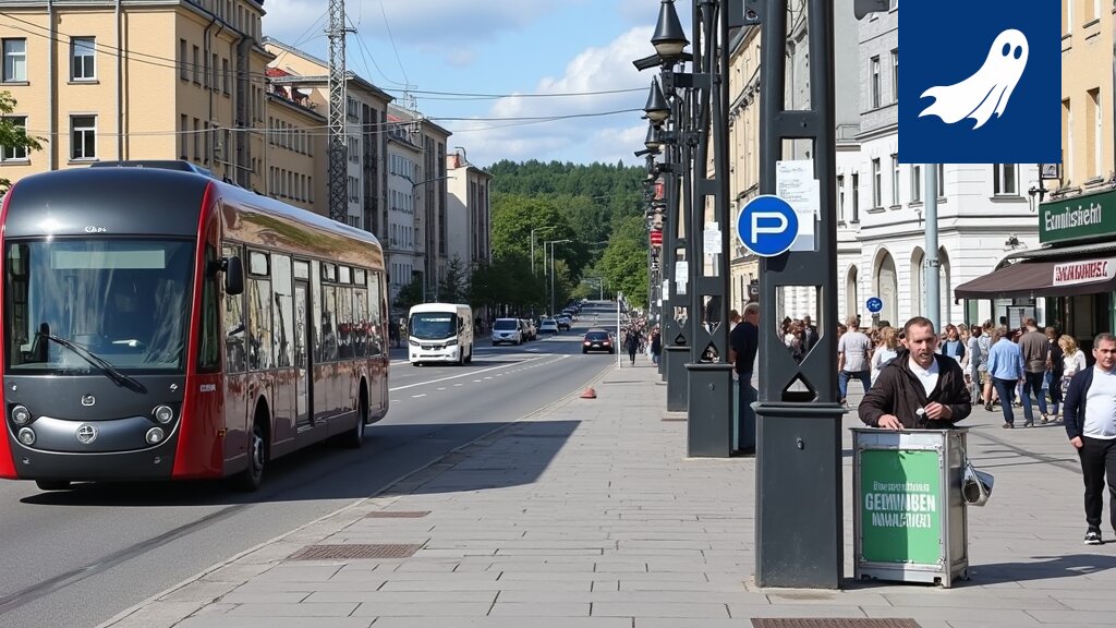 Sarjakuvamainen kuva Keskustorista, jossa sähköjohdot muodostavat valtion lipun.