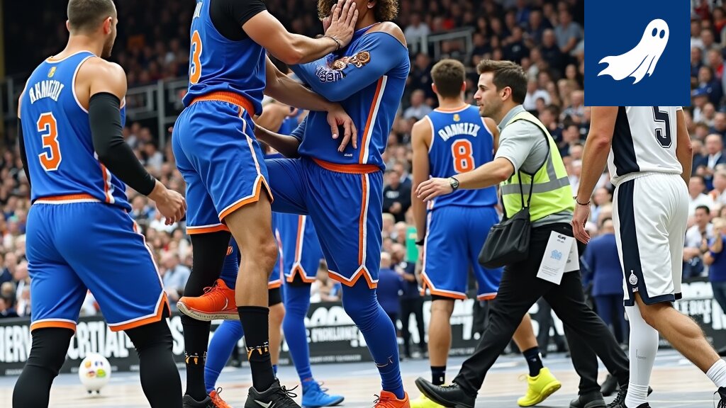 Sarjakuvamainen kuva New York Knicksin logosta ja Madison Square Gardenista, jossa näkyy hengitysilman myyntiä symboloivia elementtejä.
