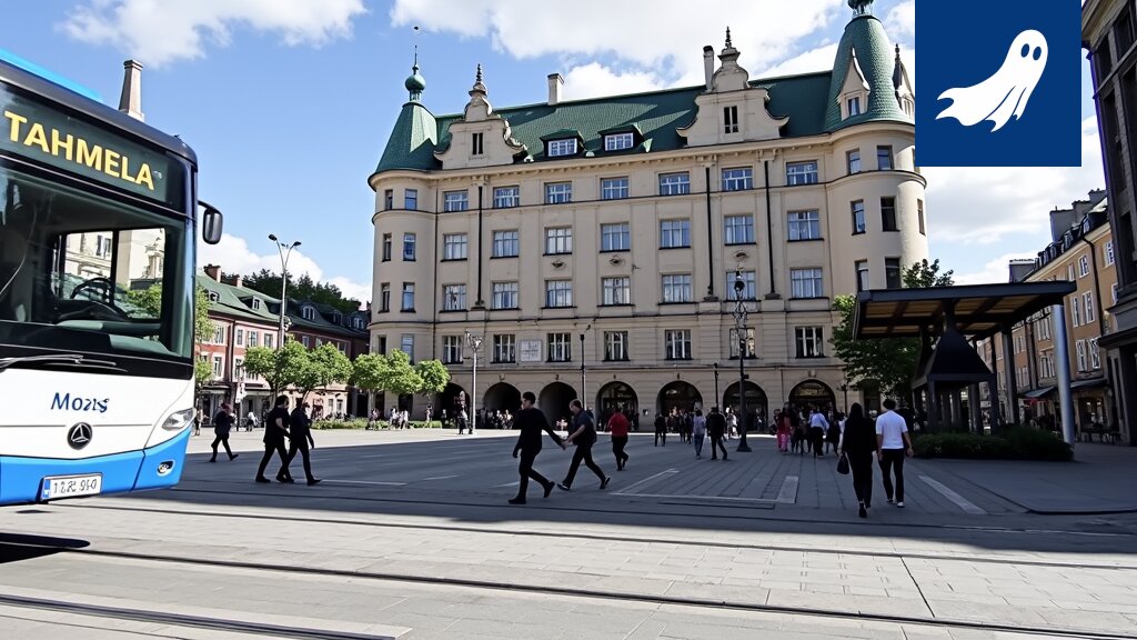 Panssaroitu, autonominen Nysse-bussi partioi Tampereen keskustassa sateenkaaren värejä havaiten.