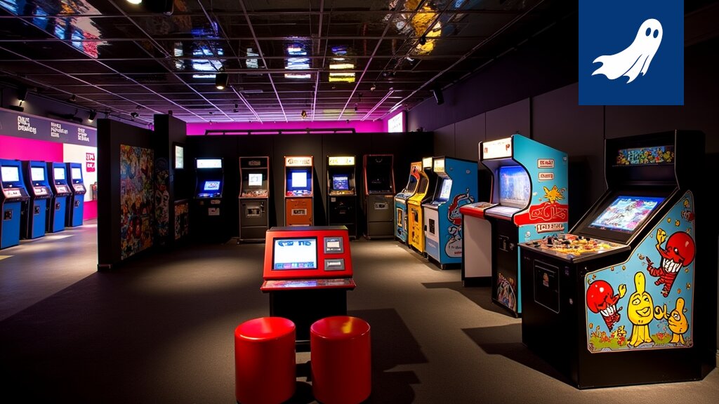 Näkymä Tampere-talon Game On -näyttelystä, jossa ihmiset pelaavat retropelejä ja nauttivat digitaalisesta nostalgiasta.