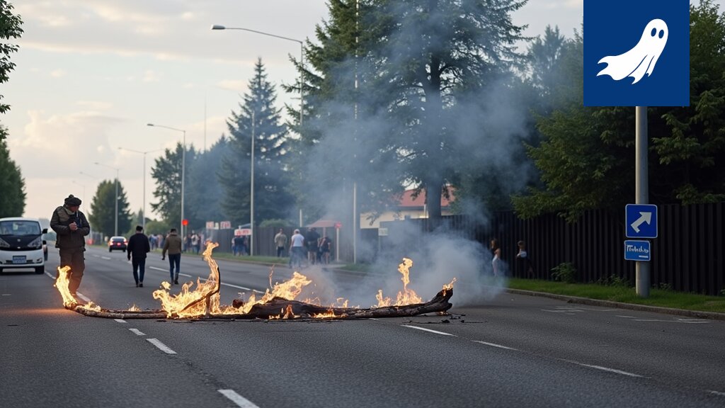 Liekehtivä rakennus Belfastissa, symboloiden satiirista markkinakorjausta ja sijoitusmahdollisuuksia.