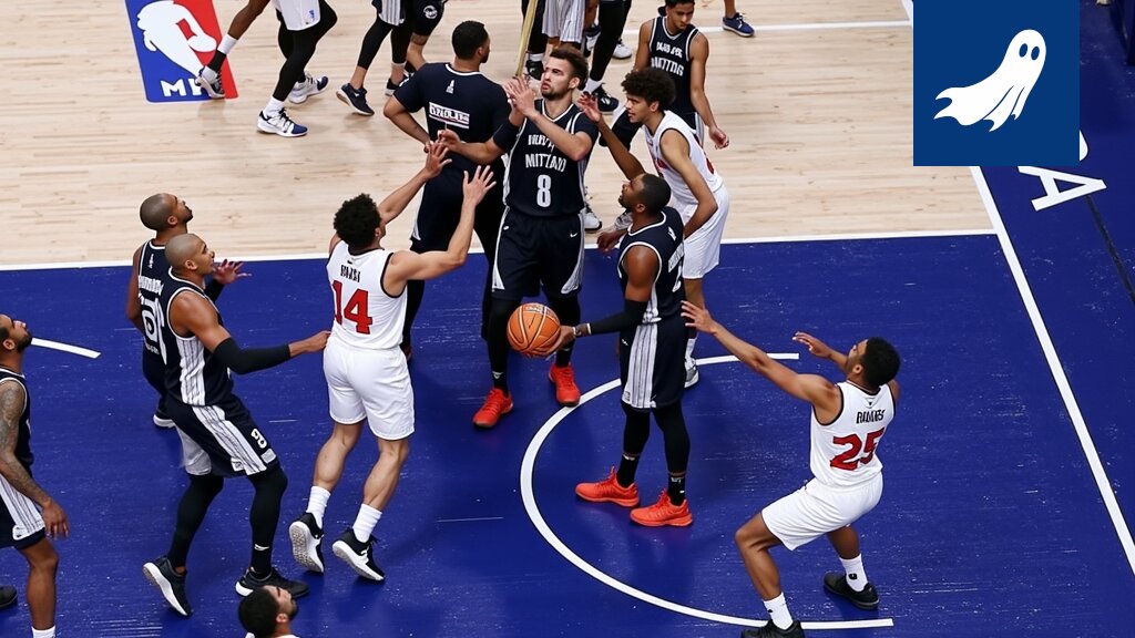 Satiirinen kuva NBA-finaalien käänteestä, jossa algoritmi vaikuttaa pelin kulkuun.