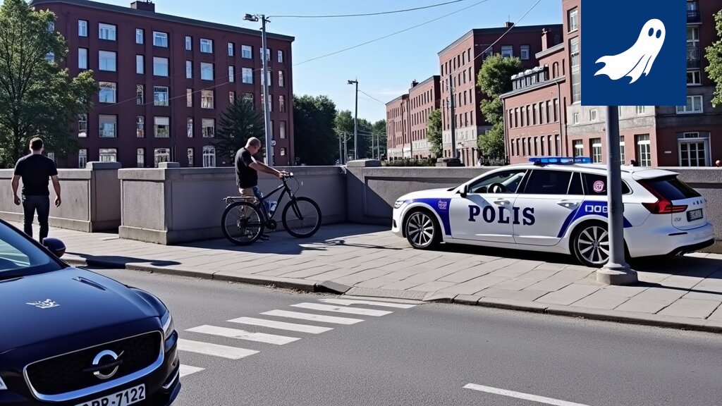 Satakunnansillalla liikennevalvontaa suorittava poliisiauto, joka symboloi Tampereen uutta sakotusjärjestelmää.