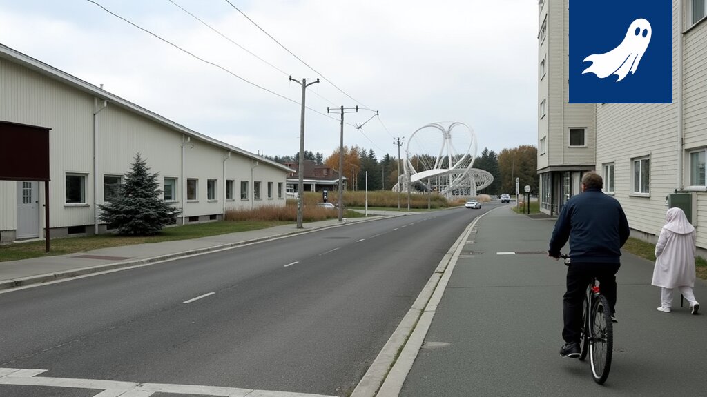 Satiirinen kuva Robocopista päiväkotileikkipuistossa, valvontatehtävissä kuoppien äärellä.