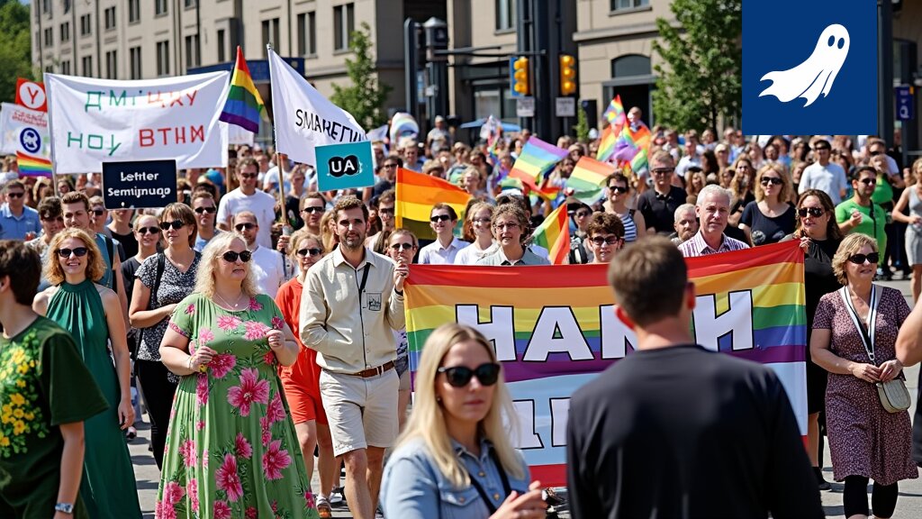 Satiirinen kuva Pride-kulkueesta, jossa reittiä ohjaa suuri algoritmi, symboloiden teknologian vaikutusta tunteisiin.