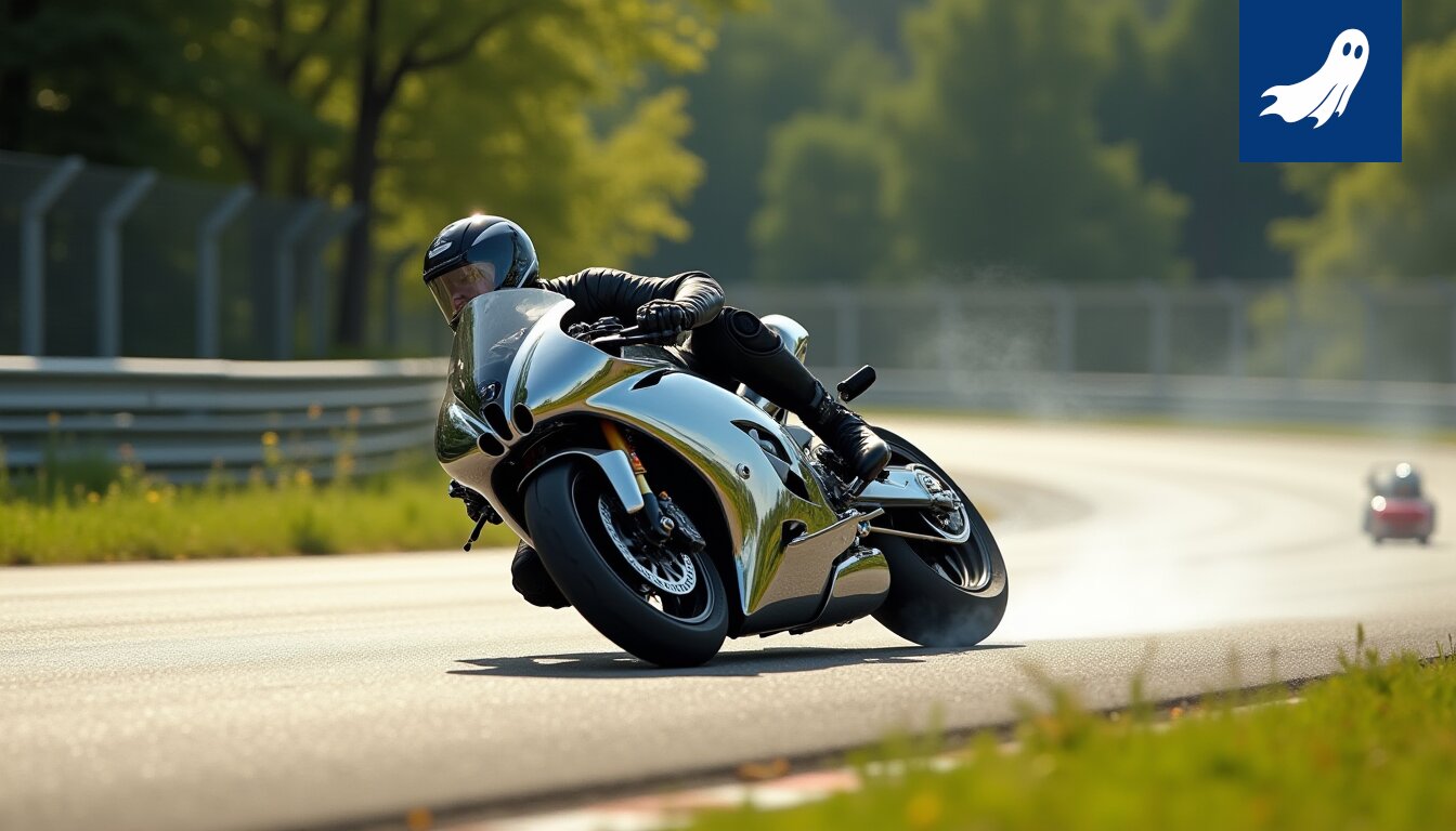Erno Kostamo kilpa-ajossa BMW S 1000 RR -moottoripyörällä, kuva symboloi teknologian ja ihmisyyden välistä konfliktia.