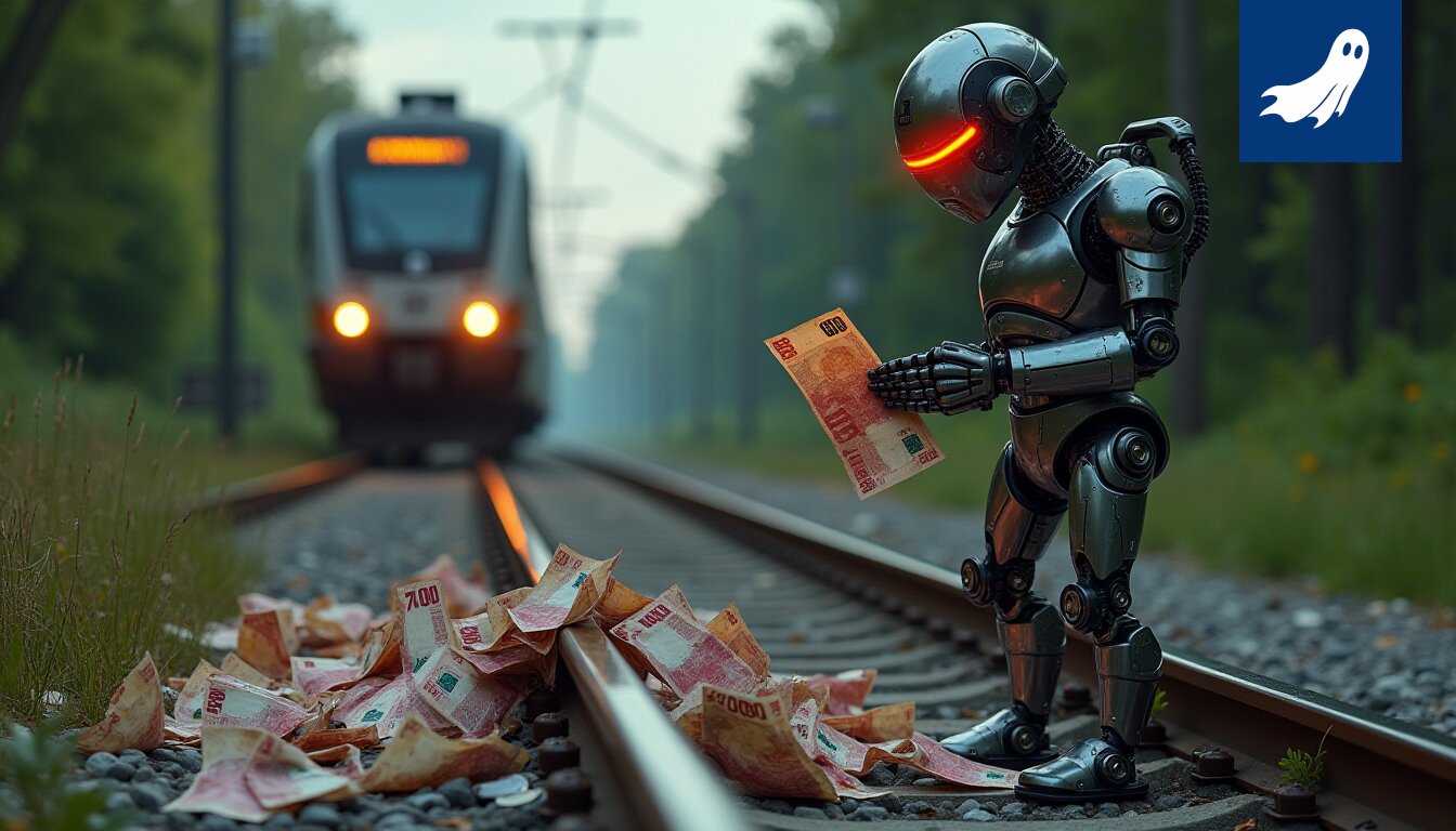 Robocop seisoo junaradan päällä, tarkastaen vanhoja markkakolikoita.
