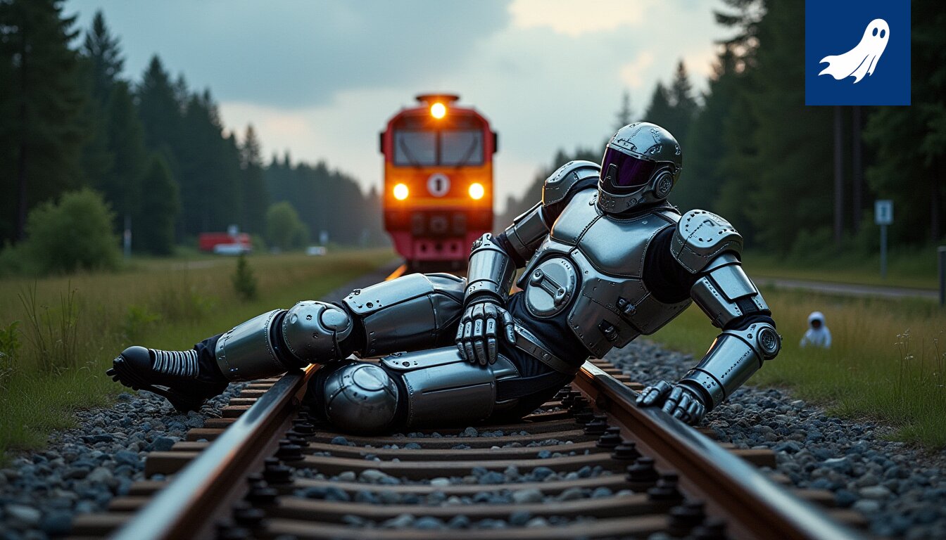 Kuva pysähtyneestä junasta Tampereen ja Oriveden välillä, taustalla Ilves P18:n pelaajia robottipuvuissa.
