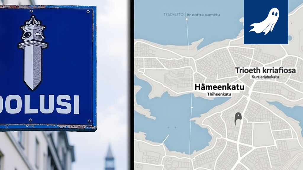 Satiirinen kuva Tampereen Hämeenkadulta, jossa raitiovaunu ajaa ja ihmiset ovat vaarassa automaattisen turva-algoritmin vuoksi.