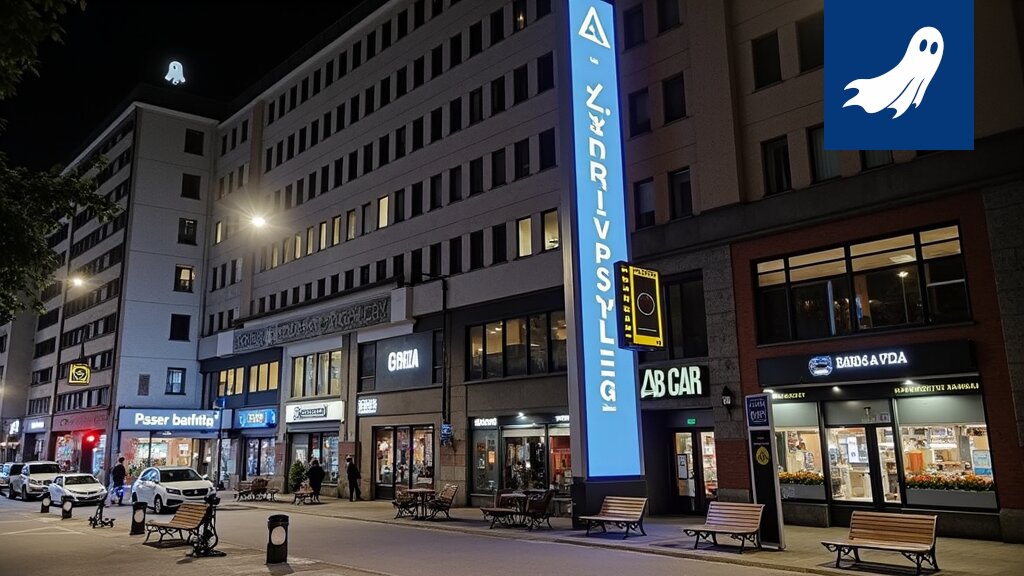 Kuva Tampereen keskustan katukuvasta, jossa näkyy futuristisia unenvalvontapisteitä ja epätavallisia mainosprojektiota.