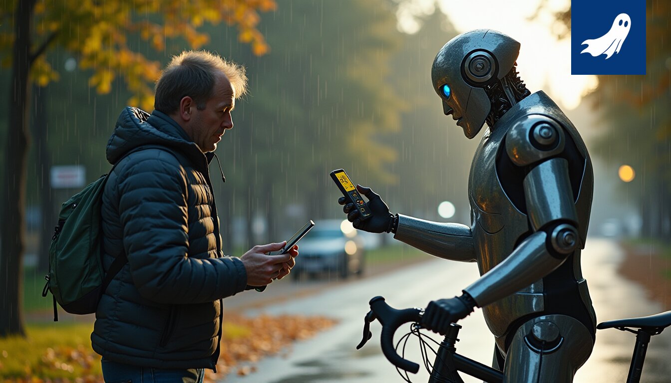 Satiirinen kuva Tampereen robottipoliisista sakottamassa pyöräilijää tuulen takia.