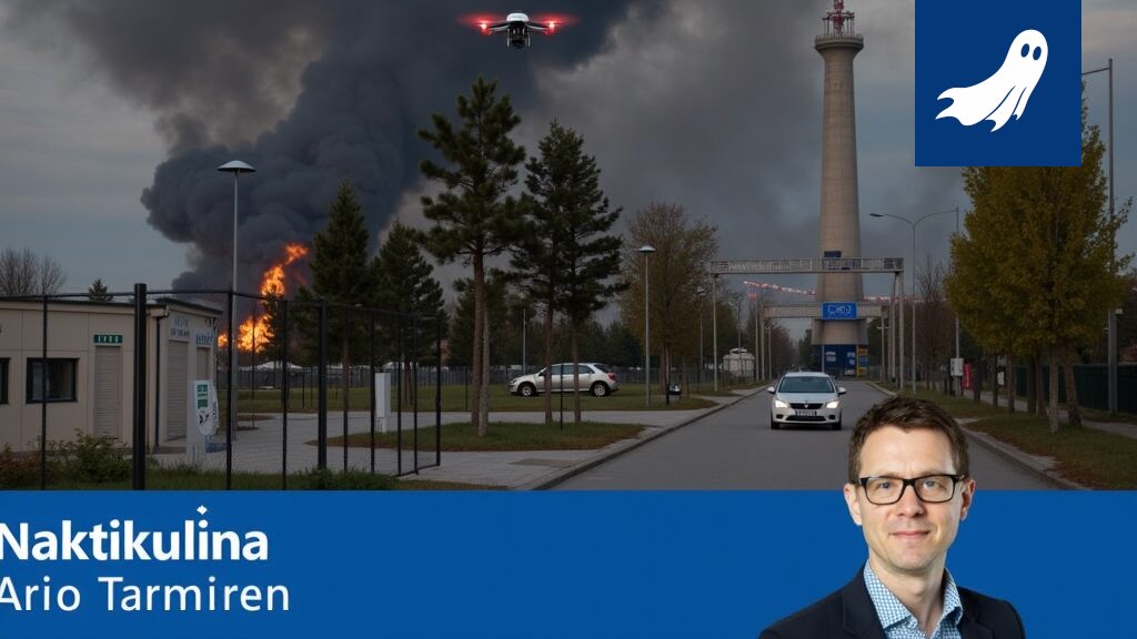 Savua nousee palaneesta teollisuusrakennuksesta Pirkkalassa, taustalla drone-valvontaa.