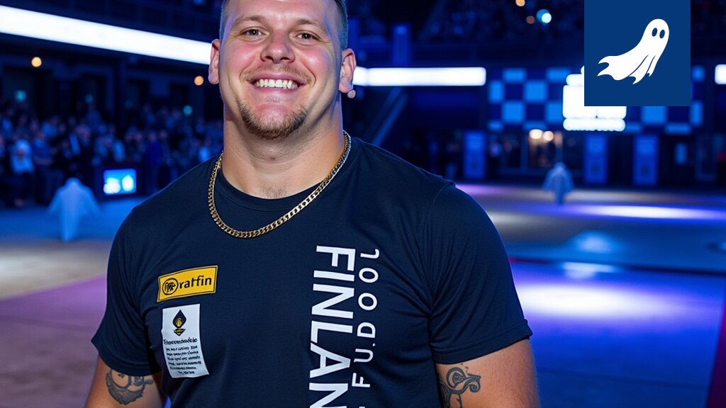 Judoka Martti Puumalainen suorittamassa judoliikettä, taustalla häilyvä mainoskerros kilpailijan asussa.