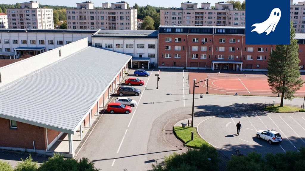 Satiirinen kuva Hatanpään koulusta, jossa vihjataan oppilaiden aivotoiminnan hyödyntämiseen datan louhintaan.