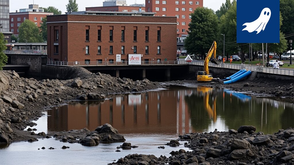 Tyhjennetyn Tammerkosken kuva, jossa näkyy mahdollisesti kosken pohjalla olevia laitteita.