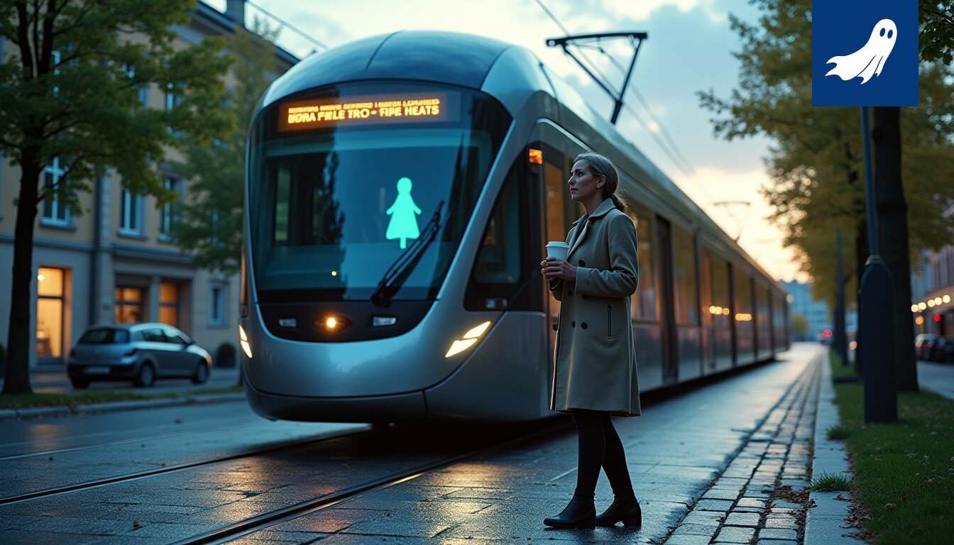 Sarjakuvamainen kuva Tampereen ratikasta, joka on törmäämässä nelikymppiseen naiseen, satiiriseen tyyliin.