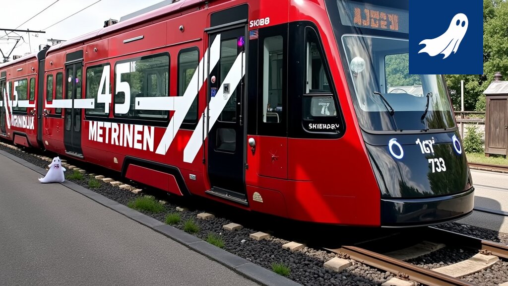 Kuva Tampereen raitiovaunusta, jonka runko on täynnä sensoreita ja kameroita, viitaten satiiriseen valvontauutiseen.