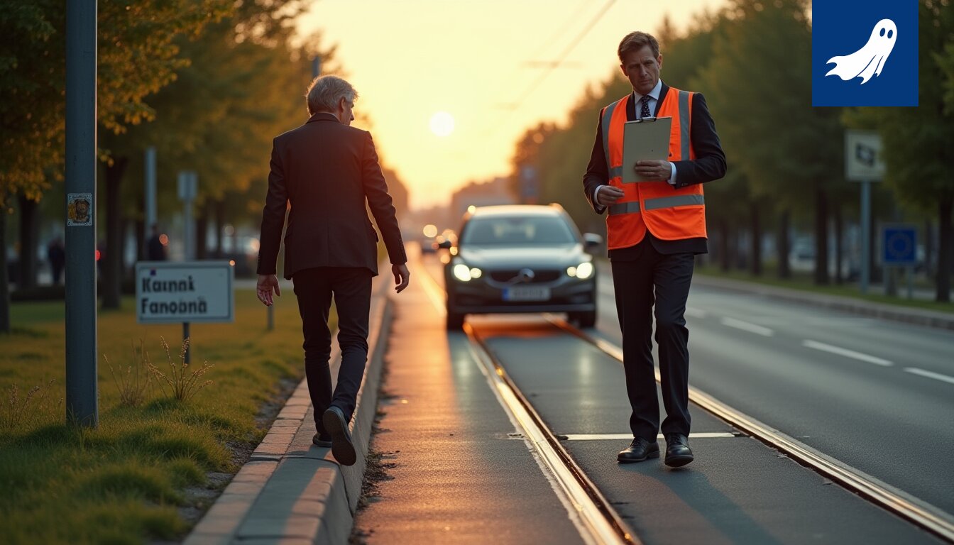 Sarjakuvamainen kuva ratikasta ja jalankulkijasta Hämeenkadulla, viitaten satiiriseen uutisartikkeliin.
