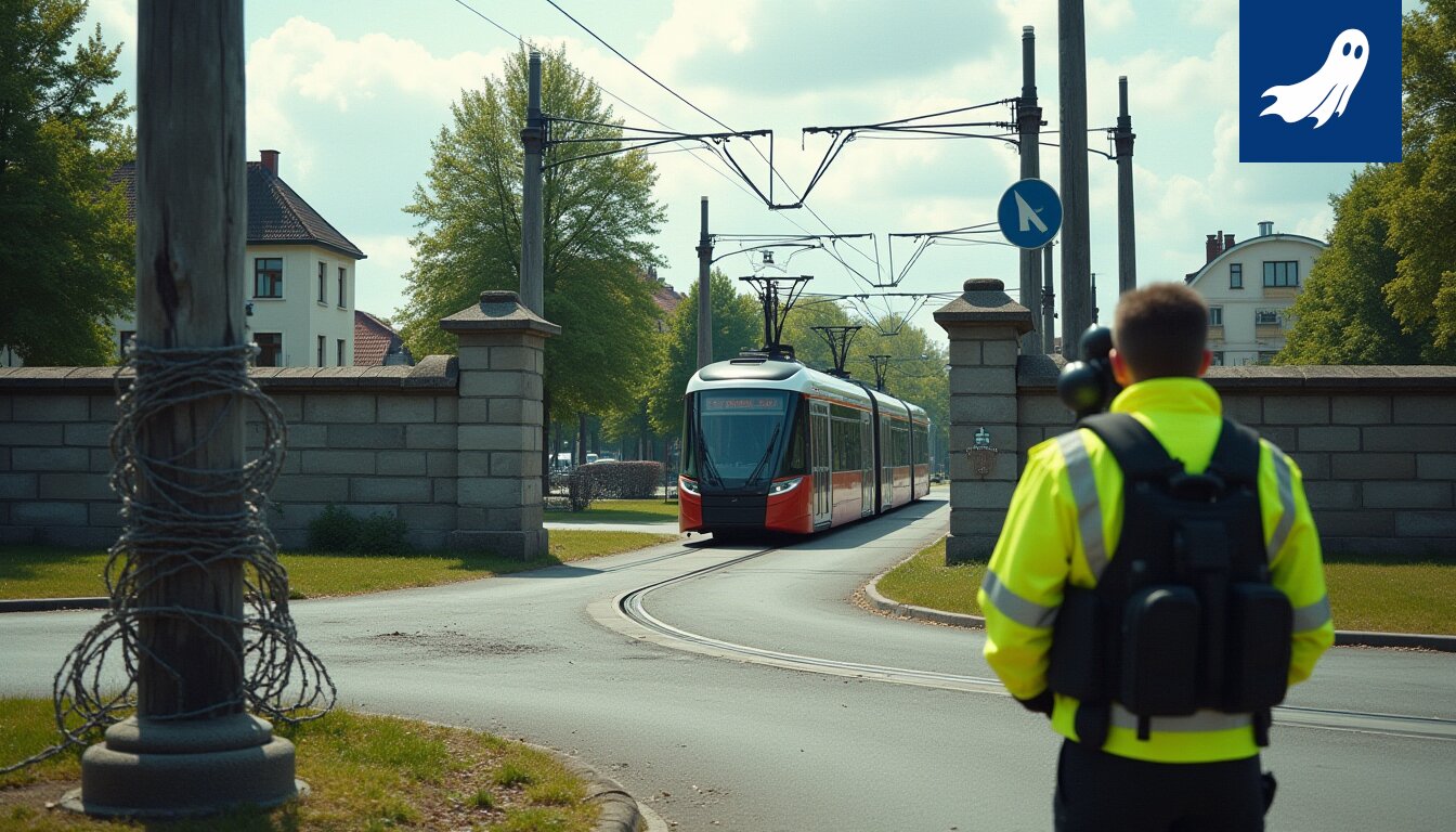 Sarjakuvamainen kuva Tampereen raitiovaunusta ja hämmentyneistä jalankulkijoista, jotka eivät osaa väistää.